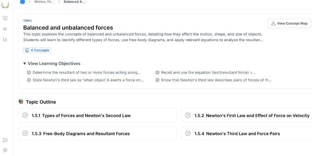 Sukrat student interface showing a physics topic with learning objectives and a topic outline